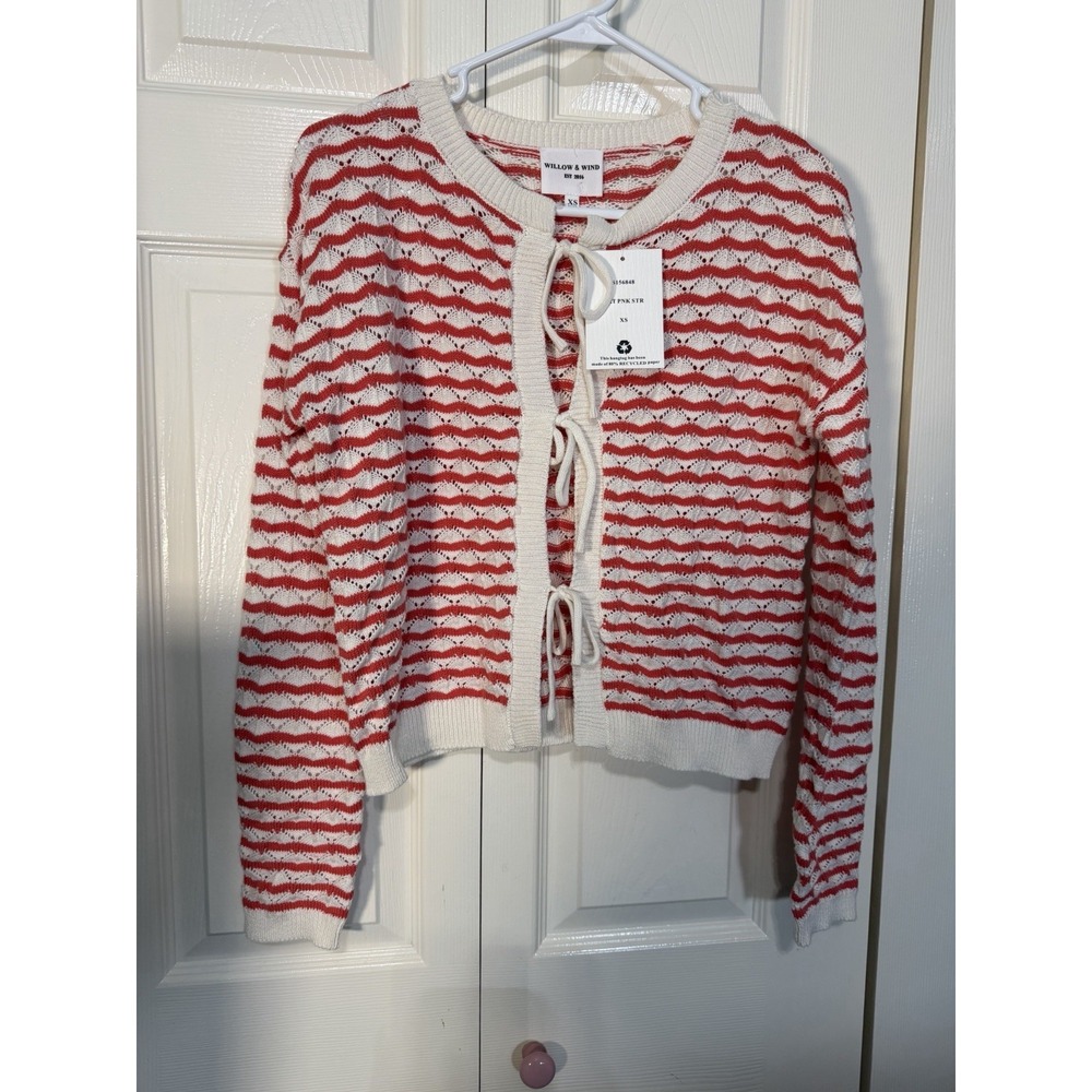 Willow and Wind Women's Tye Front‎ Cardigan Coral And White Size XS NWT